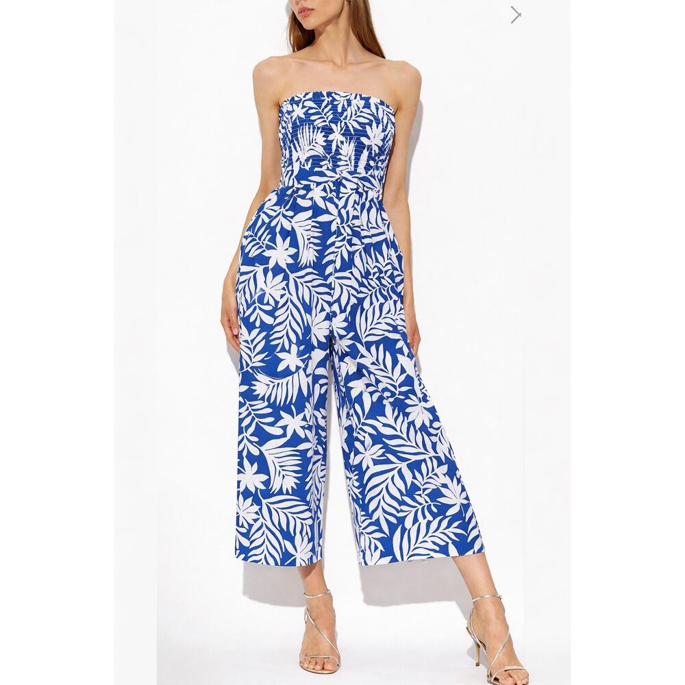 Kate Spade Tropical Foliage Smocked Jumpsuit Linen‎ Wide Leg XS Resort Beach
